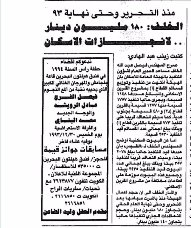 الخلف 180% مليون دينار .. لانجازات الاسكان