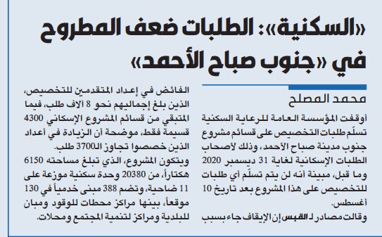 «السكنية»: الطلبات ضعف المطروح في «جنوب صباح الأحمد»