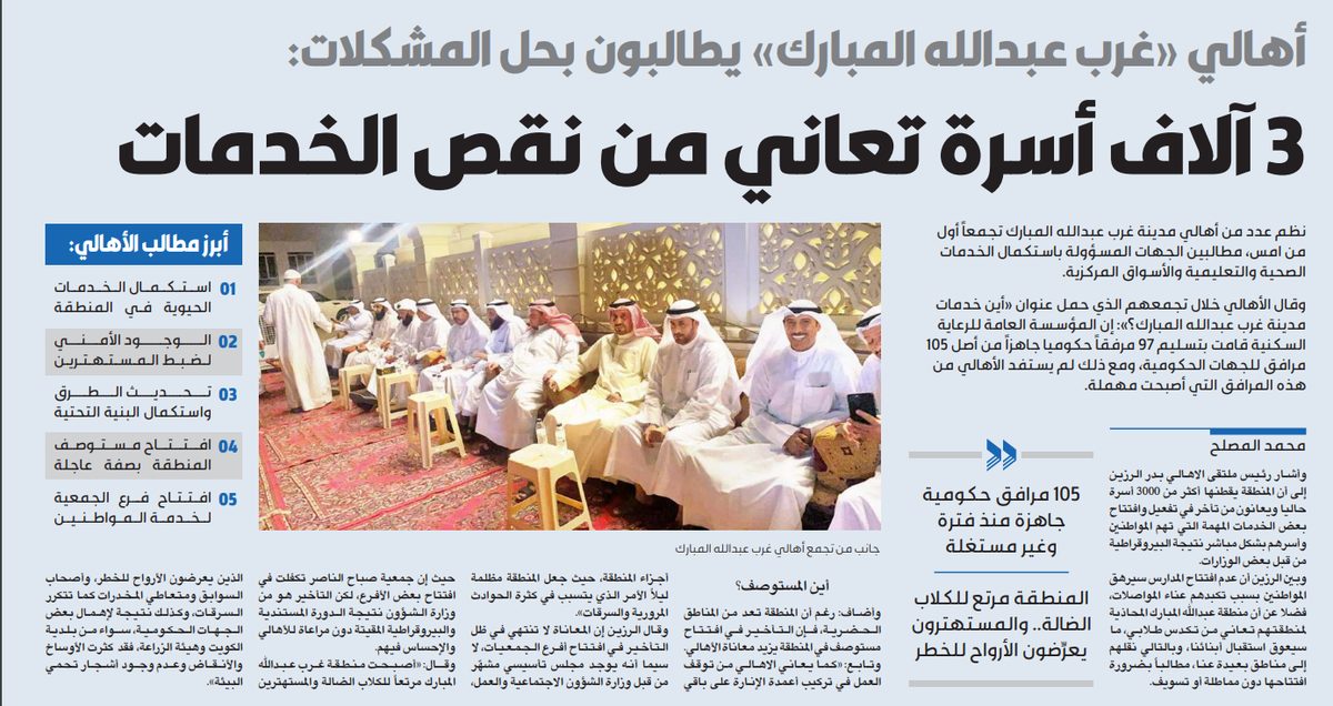 أهالي «غرب عبدالله المبارك» يطالبون بحل المشكلات: 3 آلاف أسرة تعاني من نقص الخدمات
