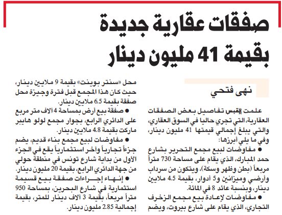 صفقات عقارية جديدة بقيمة 41 مليون دينار