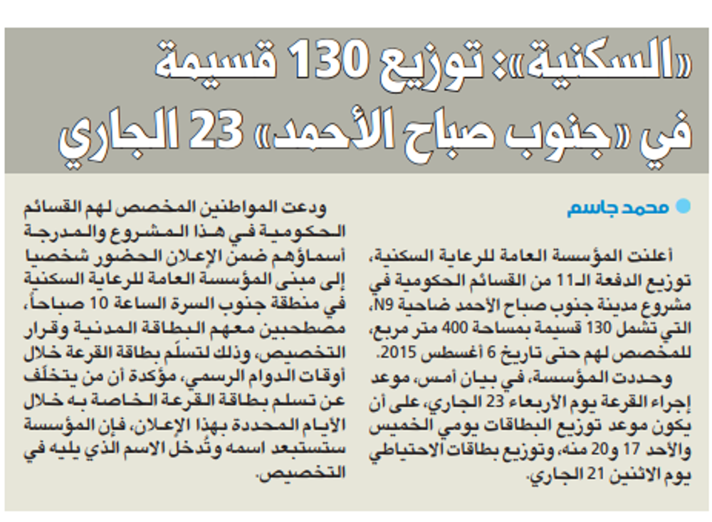 Picture of المؤسسة العامة للرعاية السكنية : توزيع 130 قسيمة في «جنوب صباح الأحمد» 23 الجاري