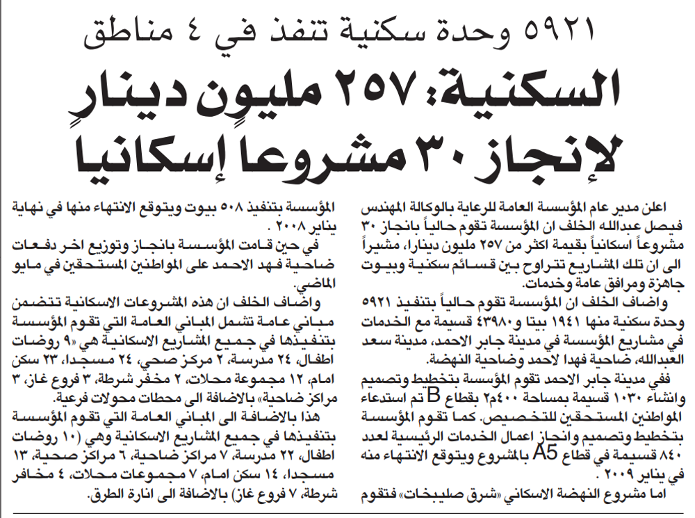 Picture of 5921 وحدة سكنية تنفذ في 4 مناطق. السكنية: 257 مليون دينار لإنجاز 30 مشروعا إسكانيا