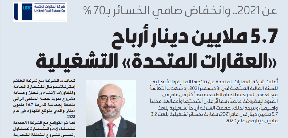 Picture of 5.7 ملايين دينار أرباح «العقارات المتحدة» التشغيلية في 2021