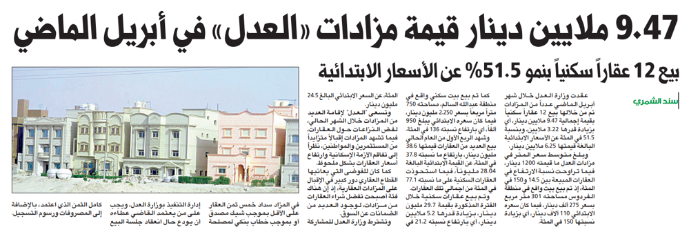 Picture of 9.47 ملايين دينار قيمة مزادات «العدل» في أبريل الماضي