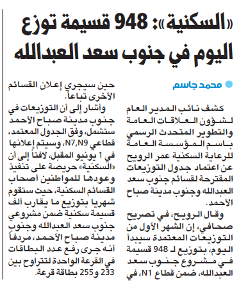 Picture of «السكنية»: 948 قسيمة توزع اليوم في جنوب سعد العبدالله