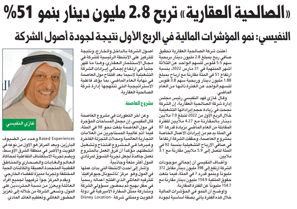 صورة شركة الصالحية العقارية تربح 2.8 مليون دينار بنمو 51%