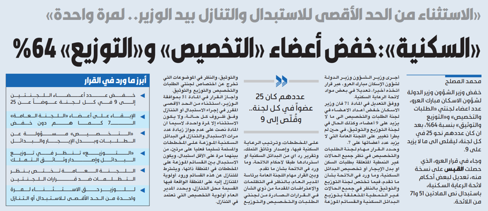 صورة «السكنية»: خفض أعضاء لجنتي «التخصيص» و«التوزيع» 64%