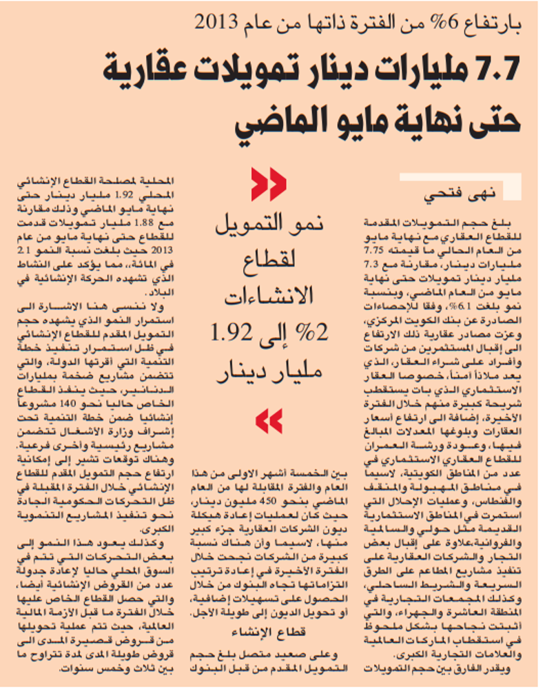 صورة بارتفاع %6 من الفترة ذاتها من عام 2013 7.7 مليارات دينار تمويلات عقارية حتى نهاية مايو الماضي