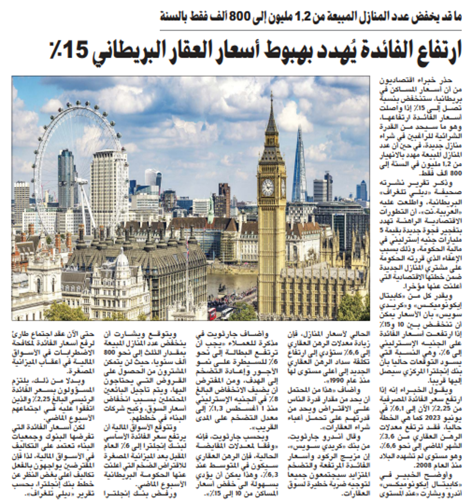صورة ارتفاع الفائدة يُهدد بهبوط أسعار العقار البريطاني 15%
