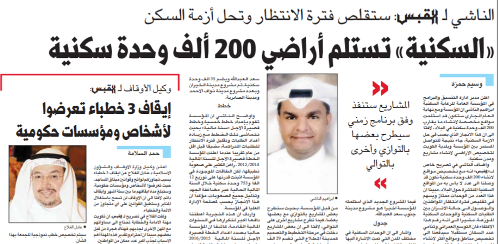 Picture of الناشي لـ القبس: ستقلص فترة الانتظار وتحل أزمة السكن «السكنية» تستلم أراضي 200 ألف وحدة سكنية