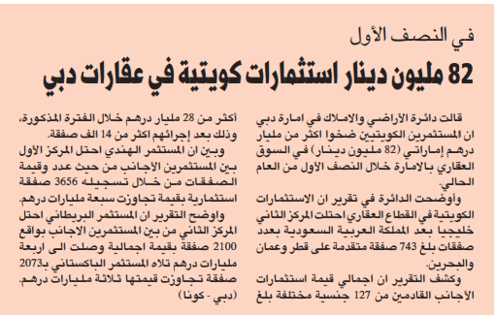 صورة في النصف الأول 82 مليون دينار استثمارات كويتية في عقارات دبي