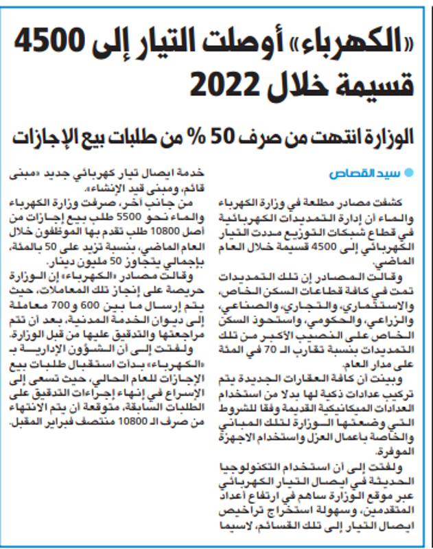 Picture of «الكهرباء» أوصلت التيار إلى 4500 قسيمة خلال 2022
