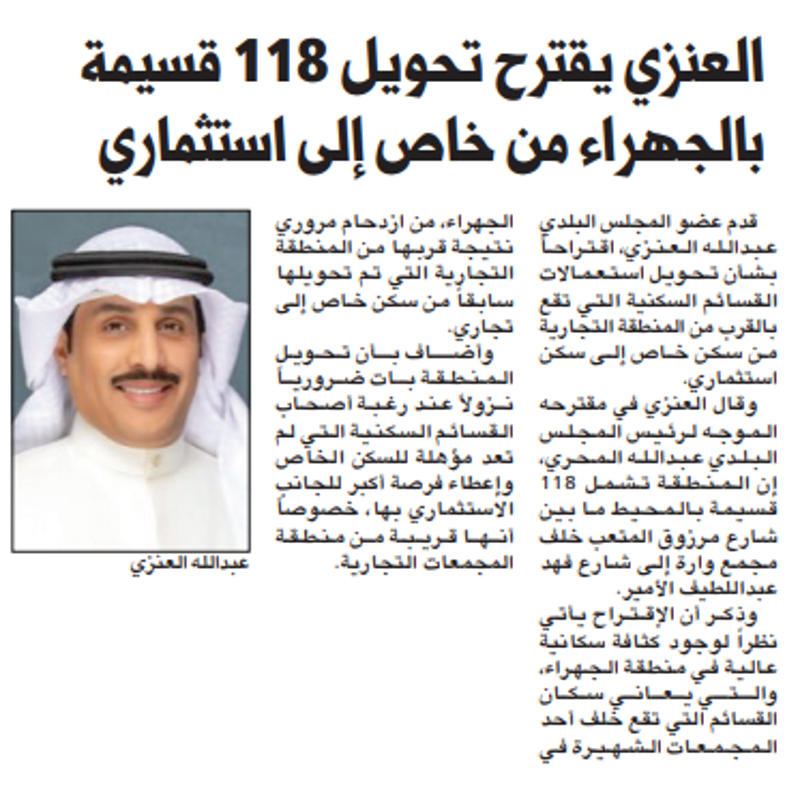 Picture of عبدالله العنزي يقترح تحويل 118 قسيمة بالجهراء من خاص إلى استثماري