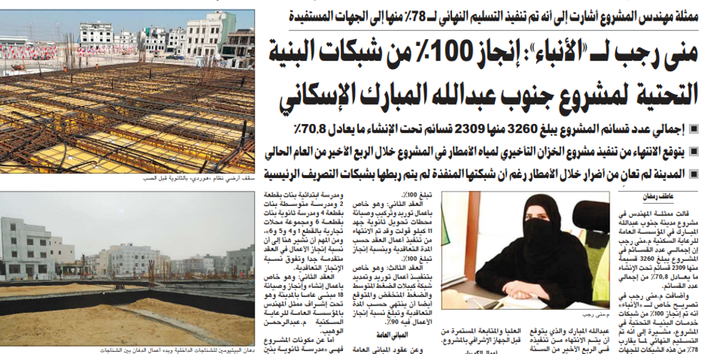 Picture of منى رجب لـ «الأنباء»: إنجاز 100% من شبكات البنية التحتية لمشروع جنوب عبدالله المبارك الإسكاني