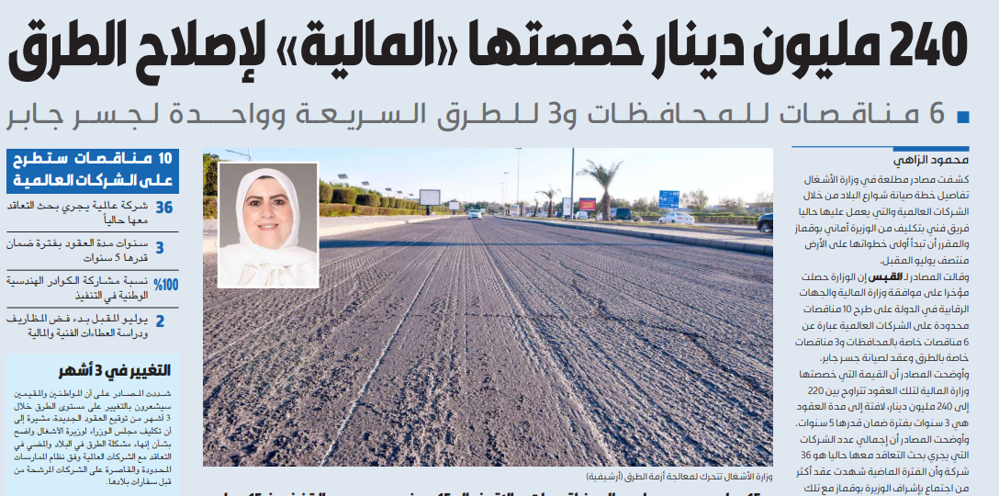 صورة ربع مليار دينار لإصلاح الطرق