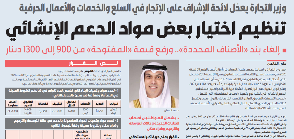 Picture of القبس تنشر قرار وزير التجارة والصناعة بشأن المواد المقدمة للدعم الإنشائي للمواطنين
