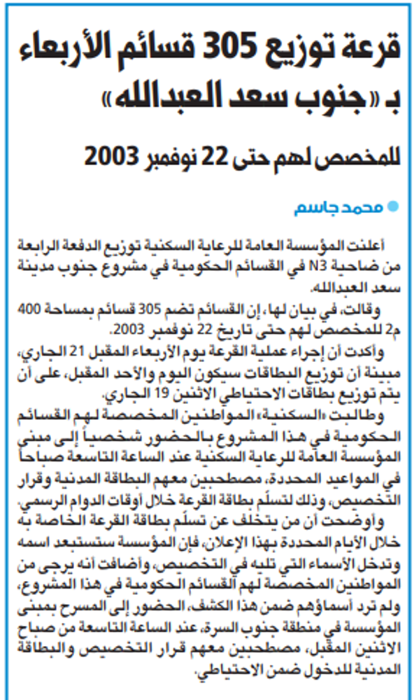 Picture of قرعة توزيع 305 قسائم الأربعاء بـ «جنوب سعد العبدالله»