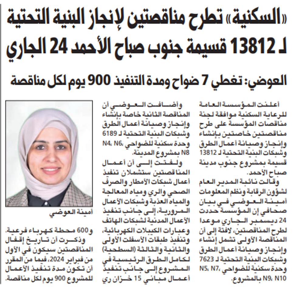 Picture of «السكنية» تطرح مناقصتين لإنجاز البنية التحتية لـ 13812 قسيمة جنوب صباح الأحمد 24 الجاري