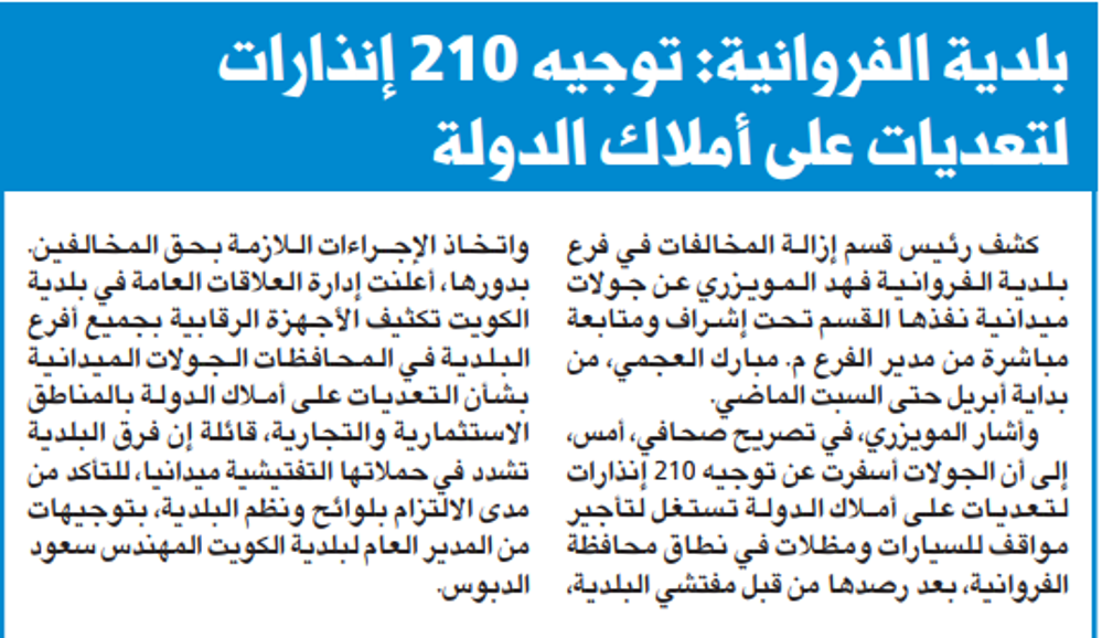 Picture of بلدية الفروانية: توجيه 210 إنذارات لتعديات على أملاك الدولة