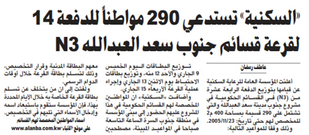 صورة «السكنية» تستدعي 290 مواطناً للدفعة 14 لقرعة قسائم جنوب سعد العبدالله N3