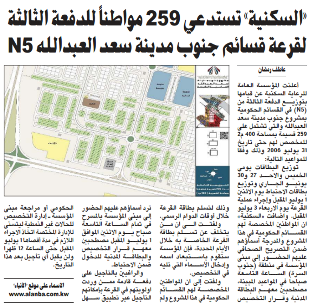 صورة «السكنية» تستدعي 259 مواطناً للدفعة الثالثة لقرعة قسائم جنوب مدينة سعد العبدالله N5