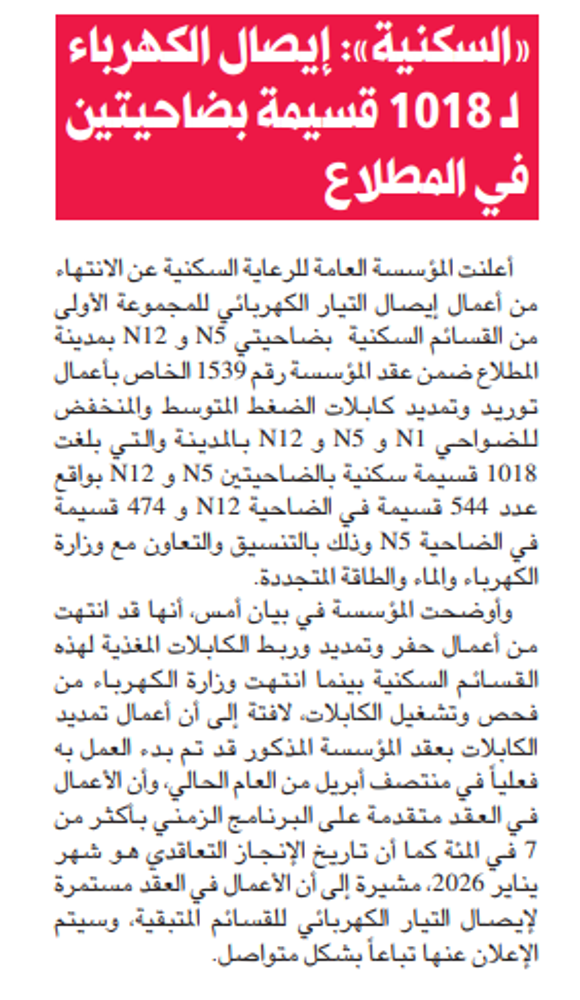 صورة «السكنية»: إيصال التيار الكهربائي لـ 1018 قسيمة بالضاحيتين N5 و N12 في المطلاع