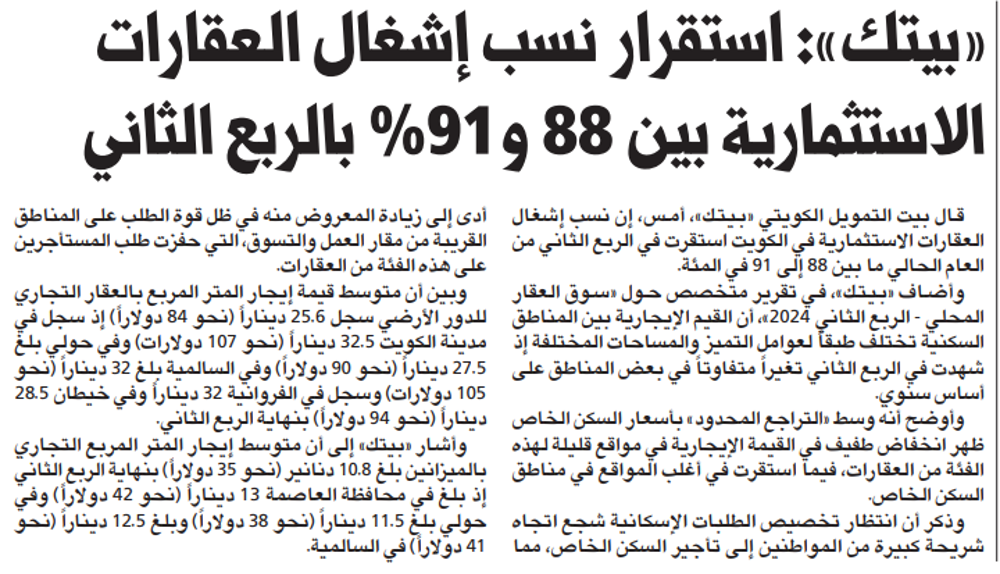 Picture of «بيتك»: استقرار نسب إشغال العقارات الاستثمارية بين 88 و91% بالربع الثاني