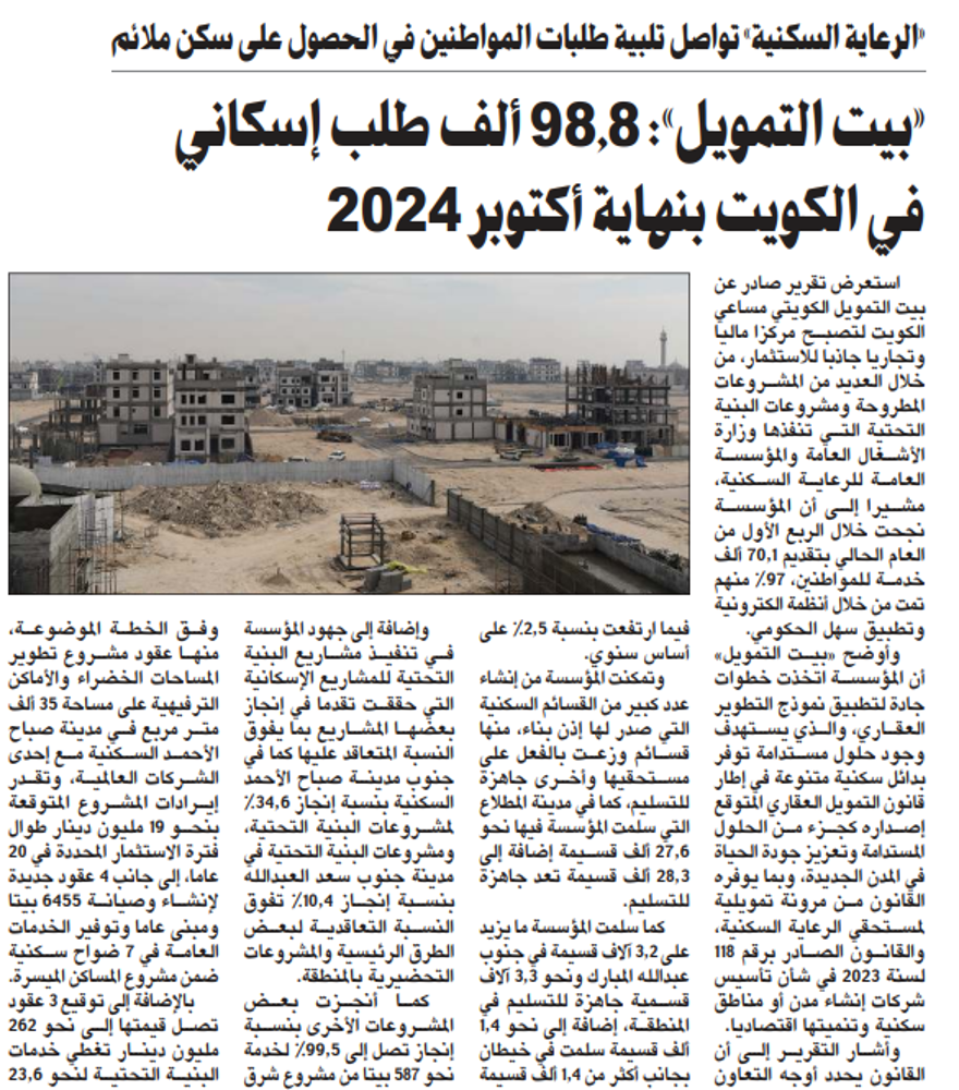 صورة «بيت التمويل»: 98.8 ألف طلب إسكاني في الكويت بنهاية أكتوبر 2024