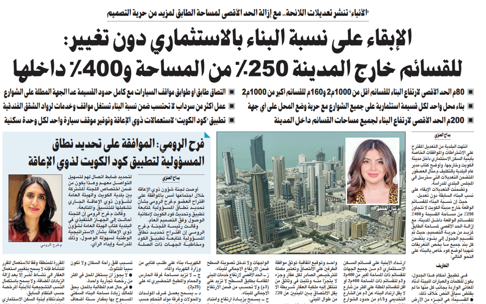 صورة الإبقاء على نسبة البناء بالاستثماري دون تغيير: للقسائم خارج المدينة 250% من المساحة و400% داخلها