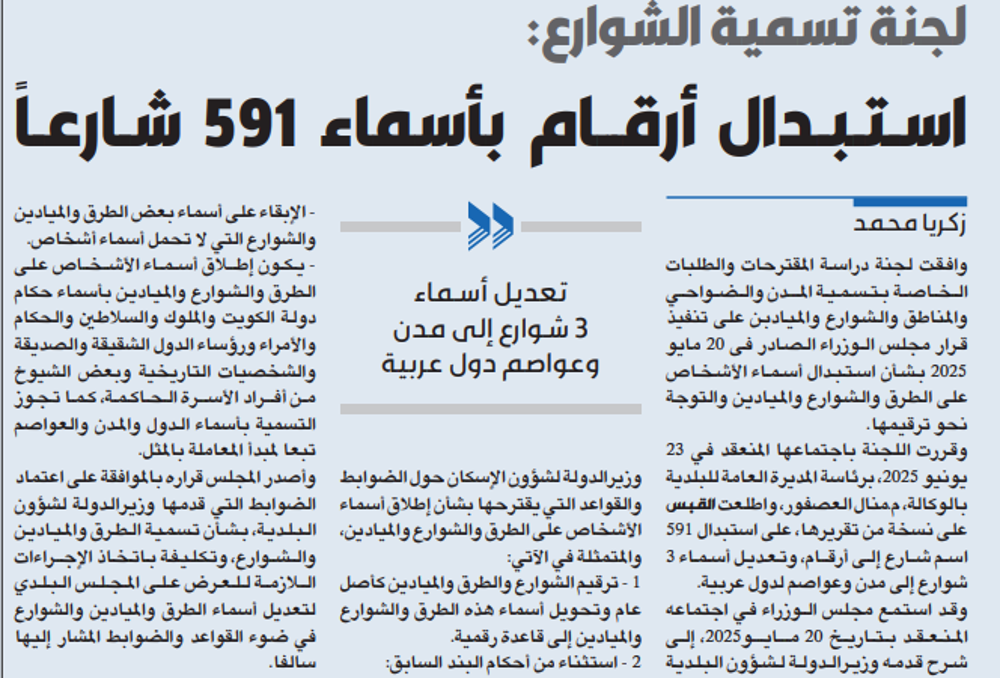 Picture of لجنة تسمية الشوارع: استبدال أرقام بأسماء 591 شارعاً