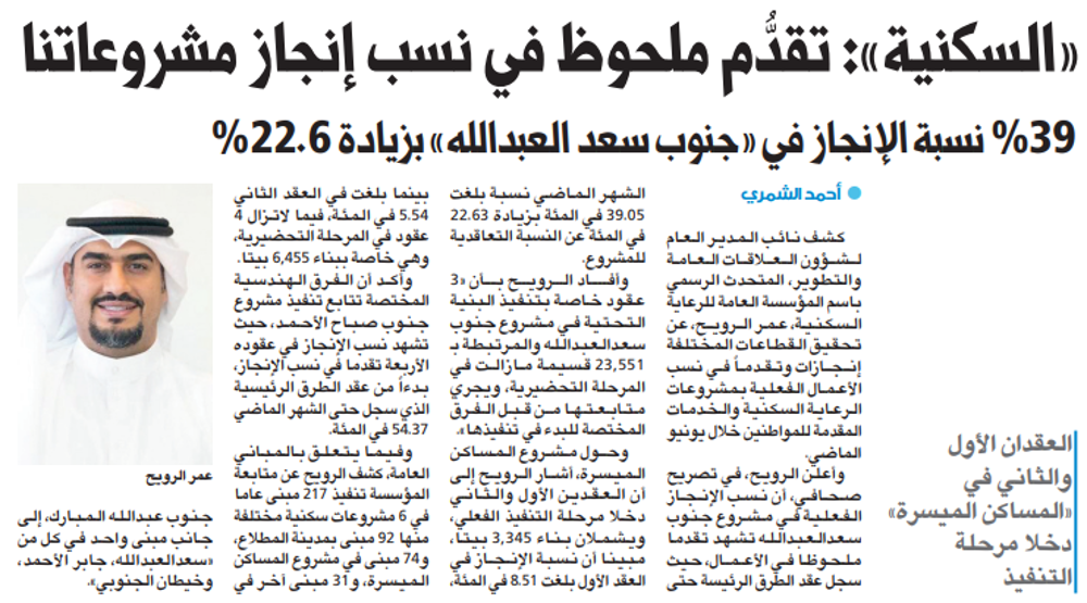 Picture of «السكنية»: تقدُّم ملحوظ في نسب إنجاز مشروعاتنا