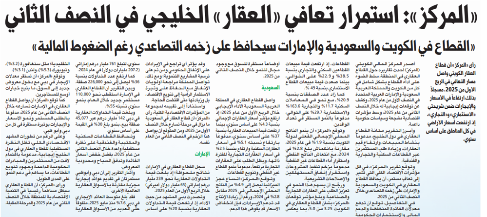 صورة «المركز»: استمرار تعافي «العقار» الخليجي في النصف الثاني