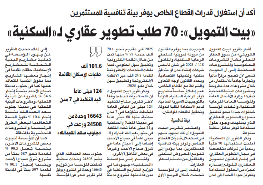 صورة «بيت التمويل»: 70 طلب تطوير عقاري لـ«السكنية»